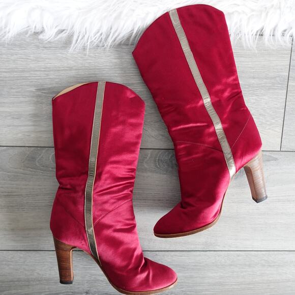 Vintage Casadei Red Satin Country Rodeo Western Cowboy Boots - Picture 3 of 16